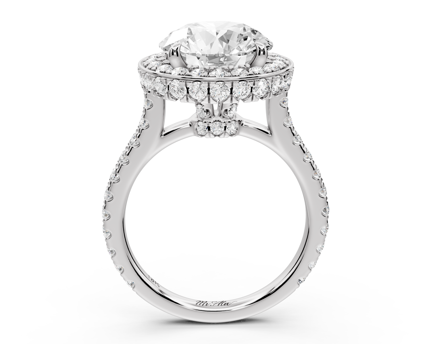 Beatrice - 4ct 14k white gold round stone in rollover halo with diamond bridge and Pavé engagement ring