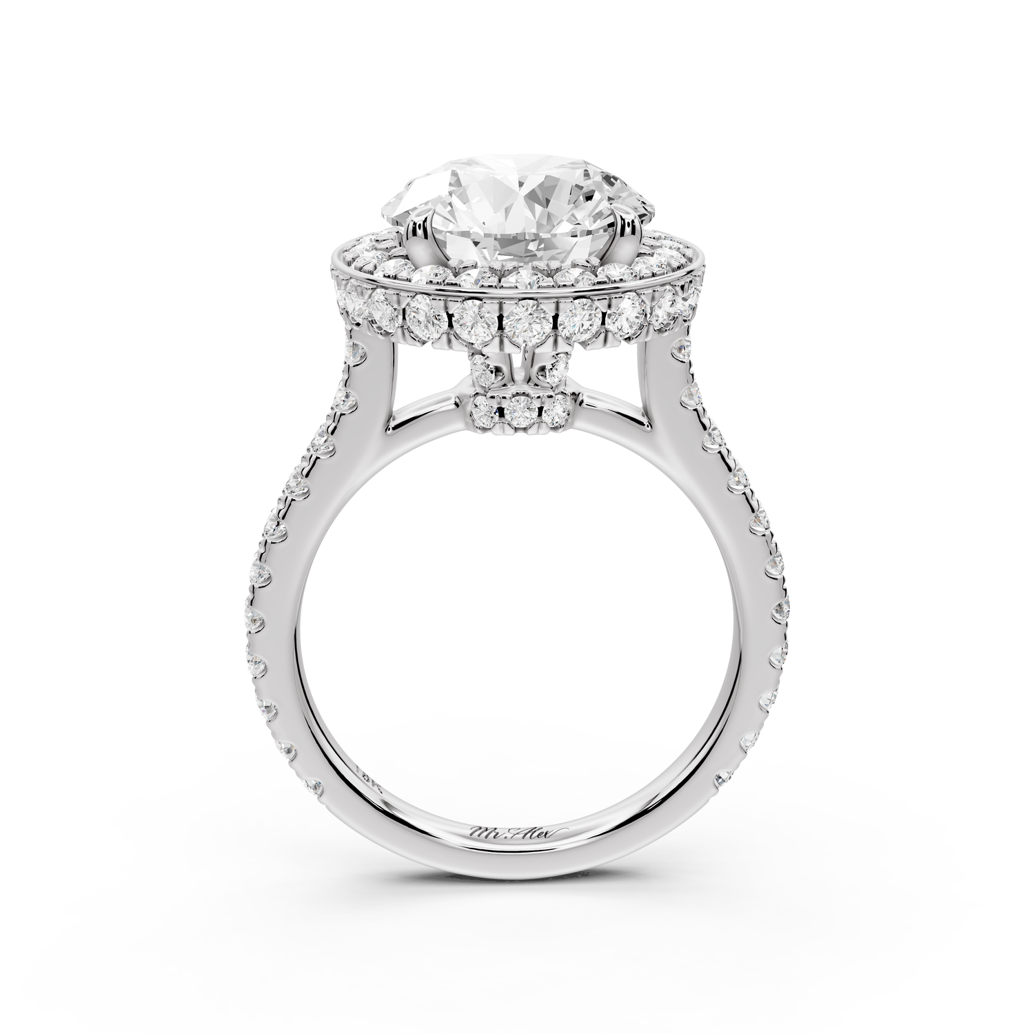 Beatrice - 4ct 14k white gold round stone in rollover halo with diamond bridge and Pavé engagement ring