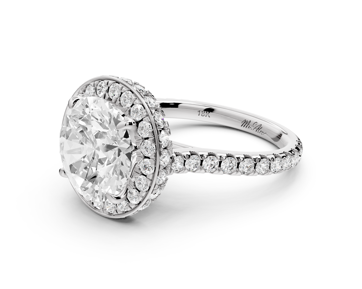 Beatrice - 4ct 14k white gold round stone in rollover halo with diamond bridge and Pavé engagement ring