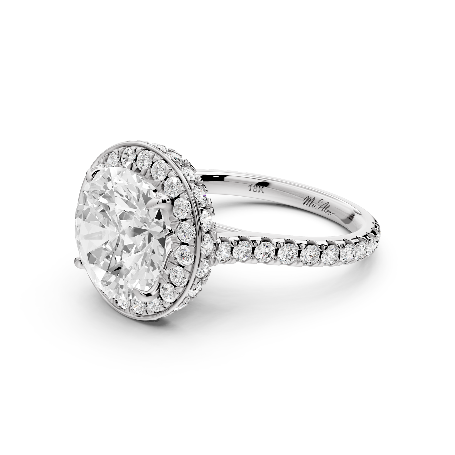 Beatrice - 4ct 14k white gold round stone in rollover halo with diamond bridge and Pavé engagement ring