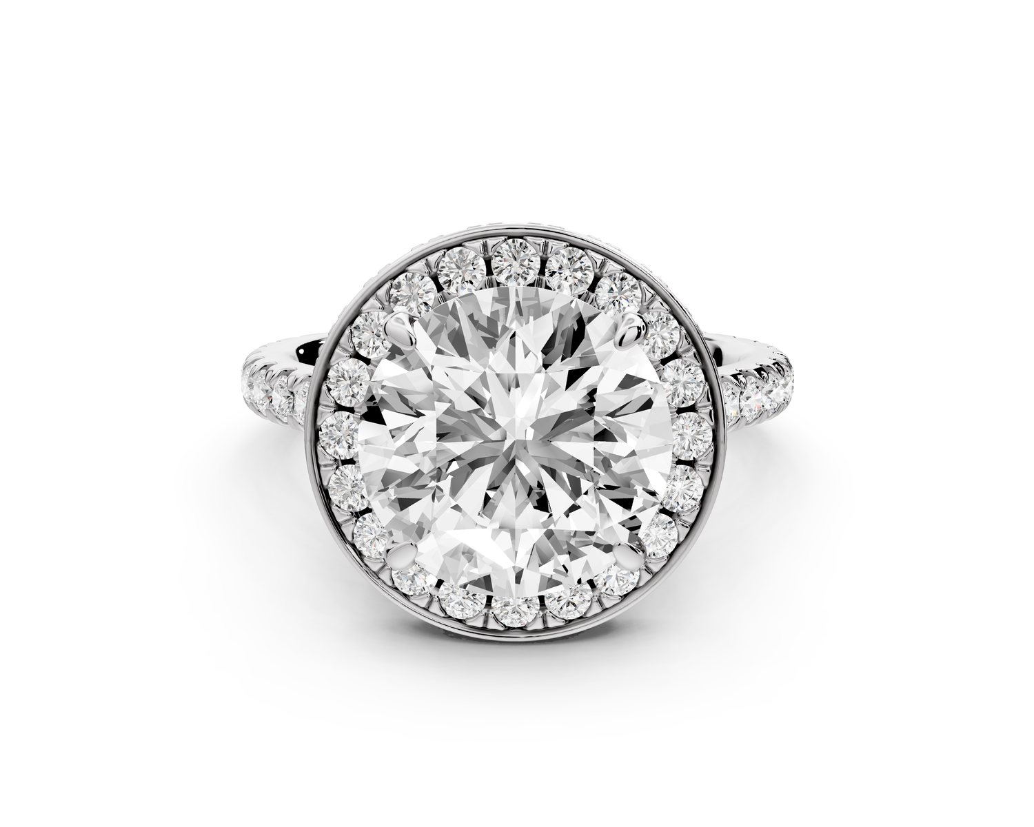 Beatrice - 4ct 14k white gold round stone in rollover halo with diamond bridge and Pavé engagement ring