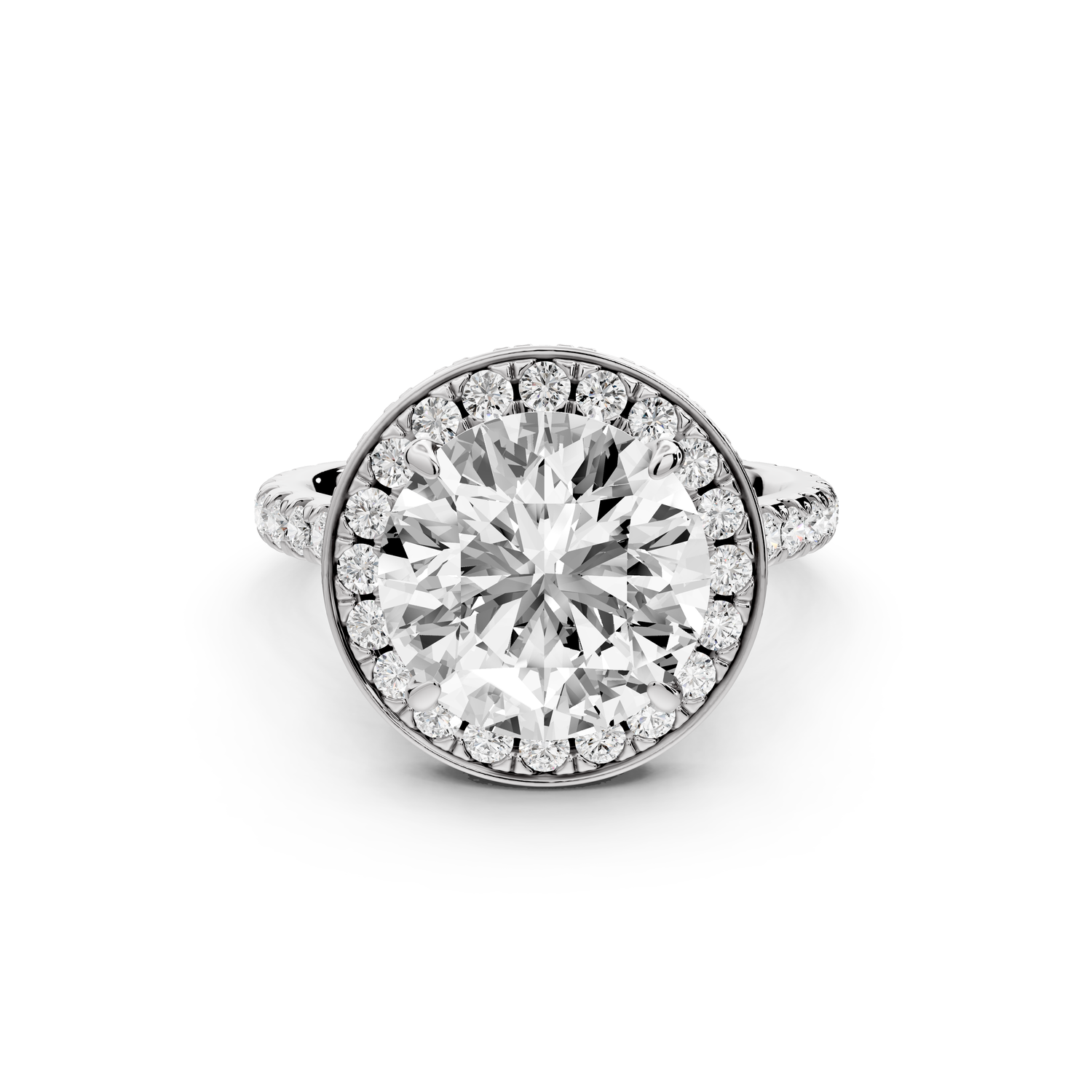 Beatrice - 4ct 14k white gold round stone in rollover halo with diamond bridge and Pavé engagement ring