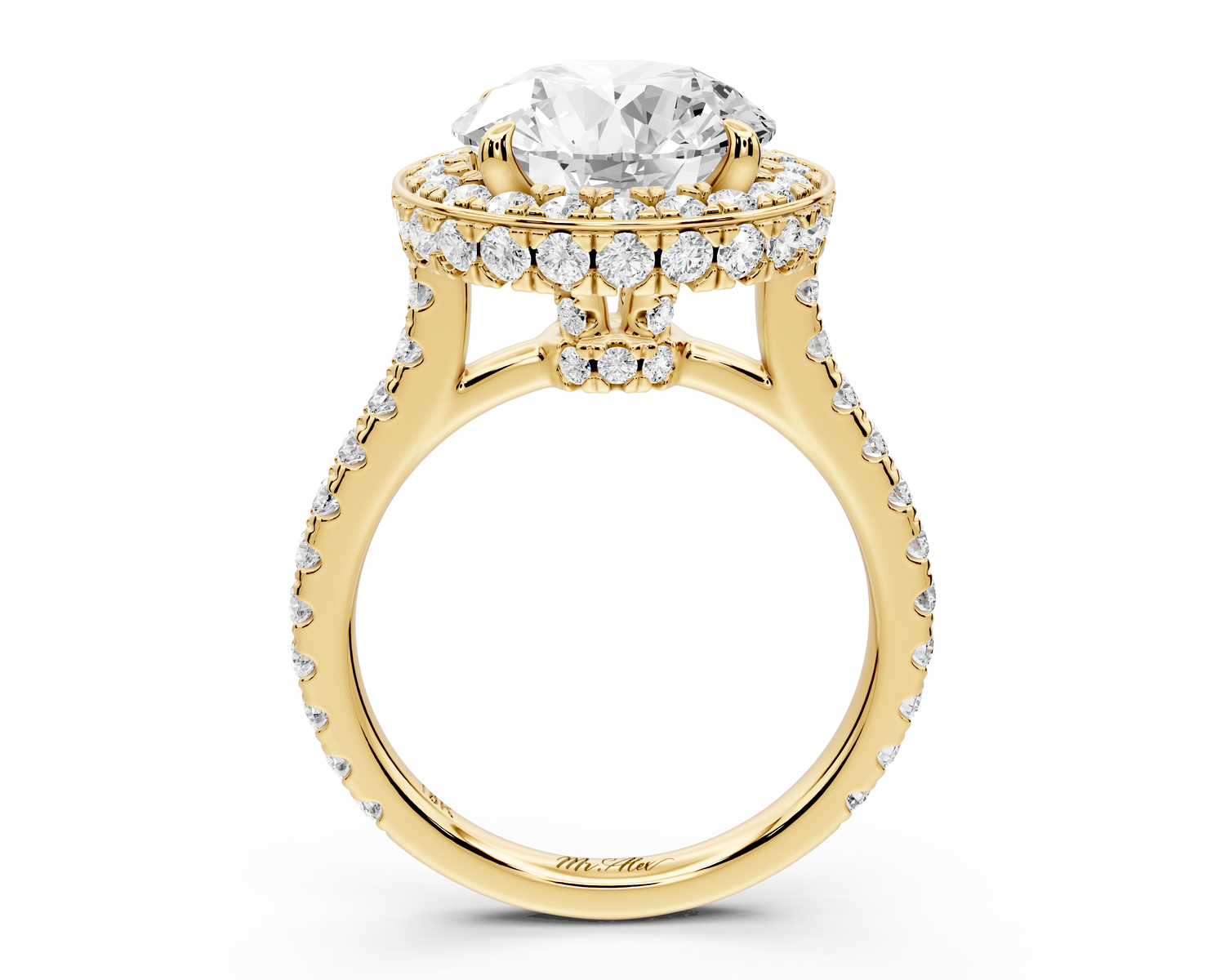 Beatrice - 4ct 14k yellow gold round stone in rollover halo with diamond bridge and Pavé engagement ring
