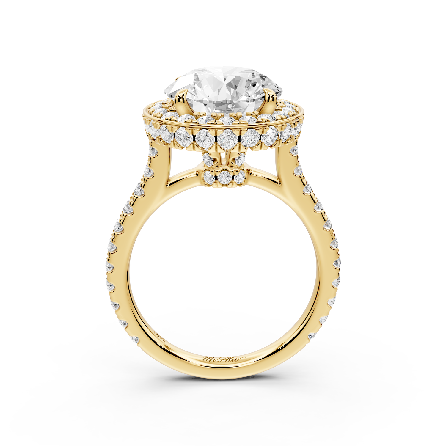 Beatrice - 4ct 14k yellow gold round stone in rollover halo with diamond bridge and Pavé engagement ring