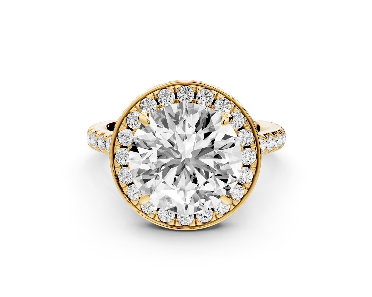 Beatrice - 4ct 14k yellow gold round stone in rollover halo with diamond bridge and Pavé engagement ring