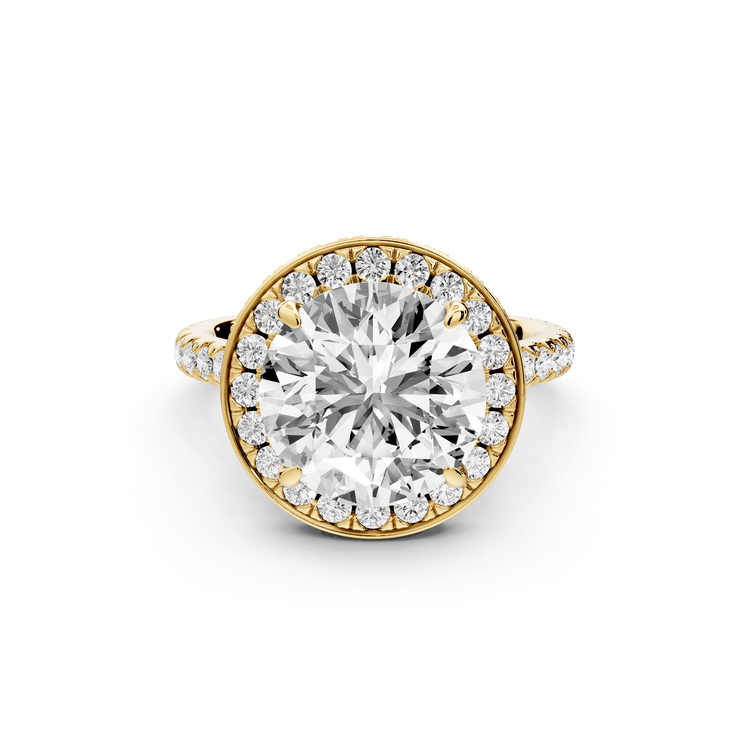 Beatrice - 4ct 14k yellow gold round stone in rollover halo with diamond bridge and Pavé engagement ring