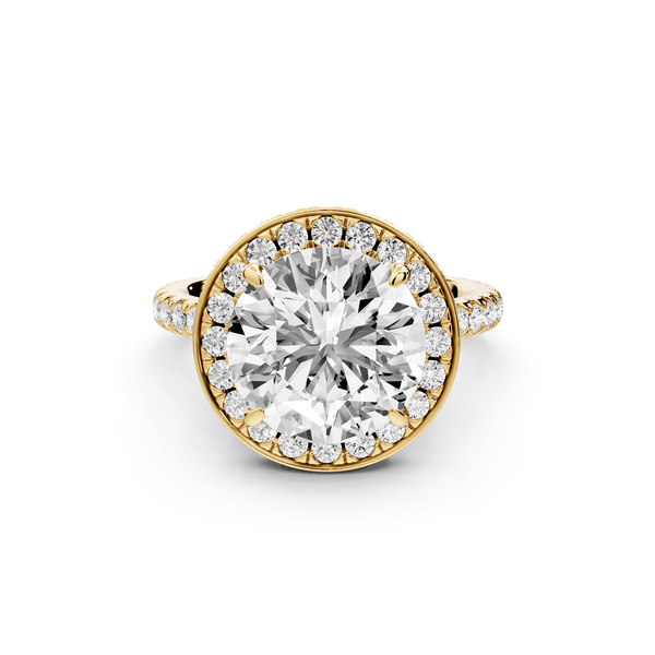 Beatrice - 4ct 14k yellow gold round stone in rollover halo with diamond bridge and Pavé engagement ring
