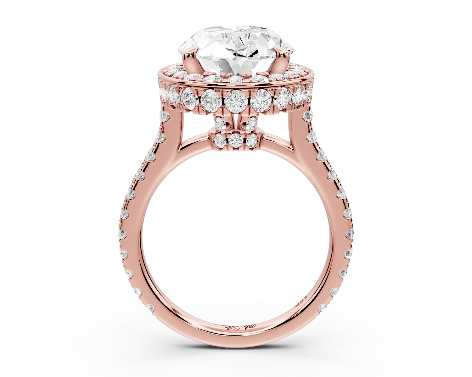Beatrice - 5ct 14k rose gold oval stone in rollover halo with diamond bridge and pavé engagement ring