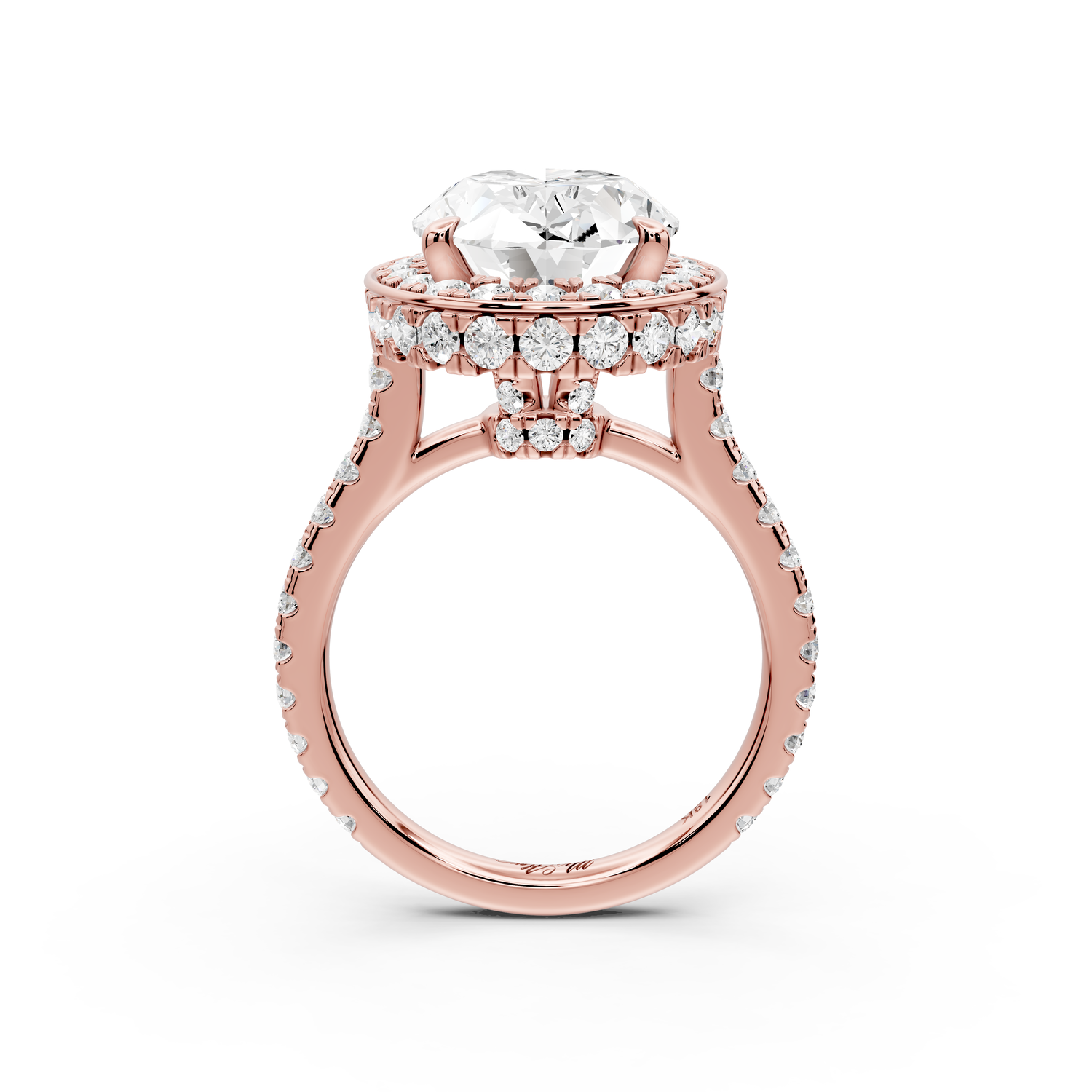Beatrice - 5ct 14k rose gold oval stone in rollover halo with diamond bridge and pavé engagement ring