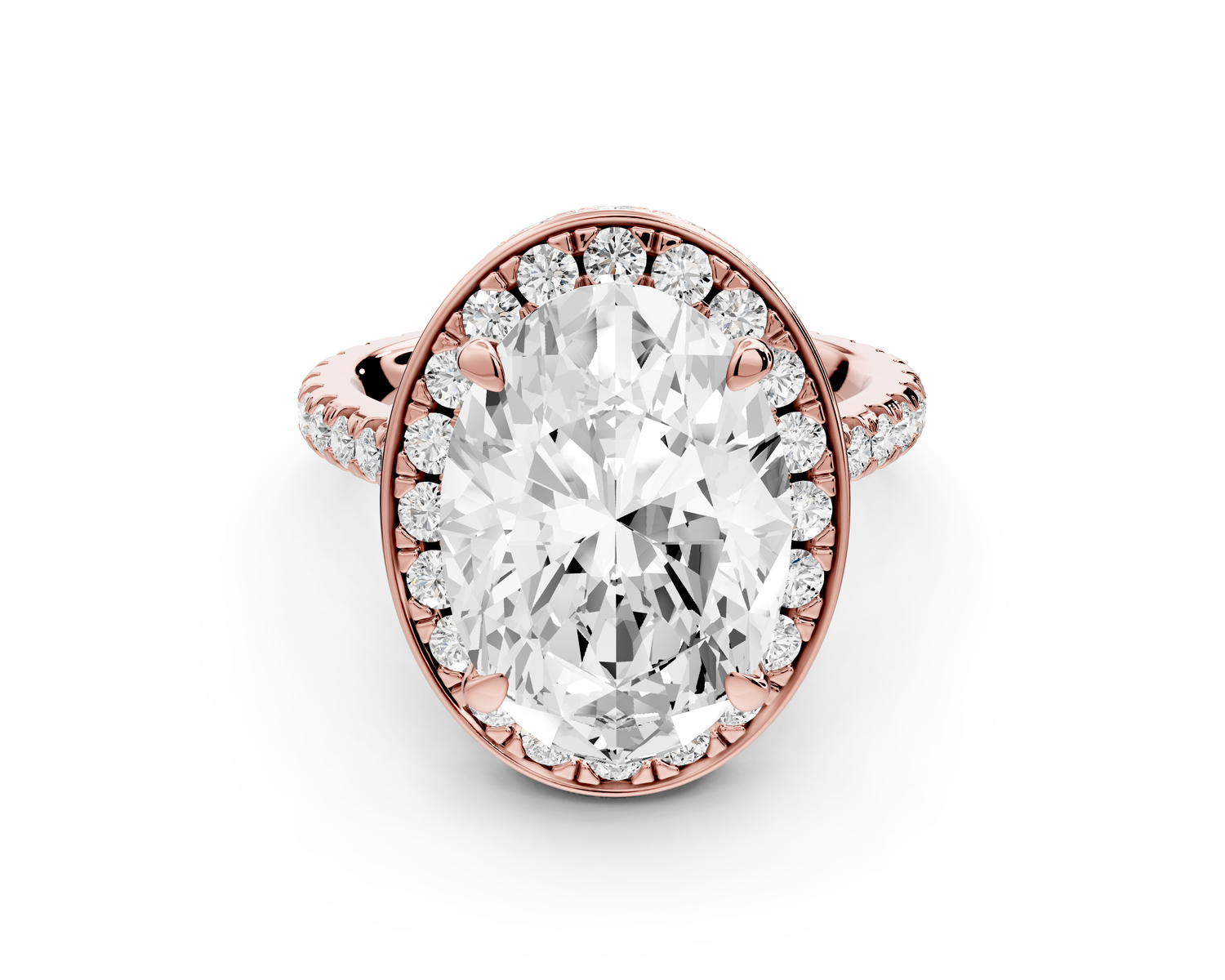 Beatrice - 5ct 14k rose gold oval stone in rollover halo with diamond bridge and pavé engagement ring