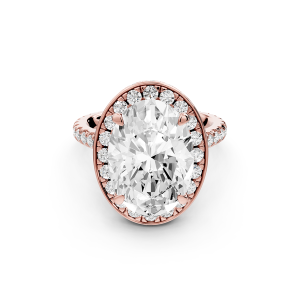 Beatrice - 5ct 14k rose gold oval stone in rollover halo with diamond bridge and pavé engagement ring