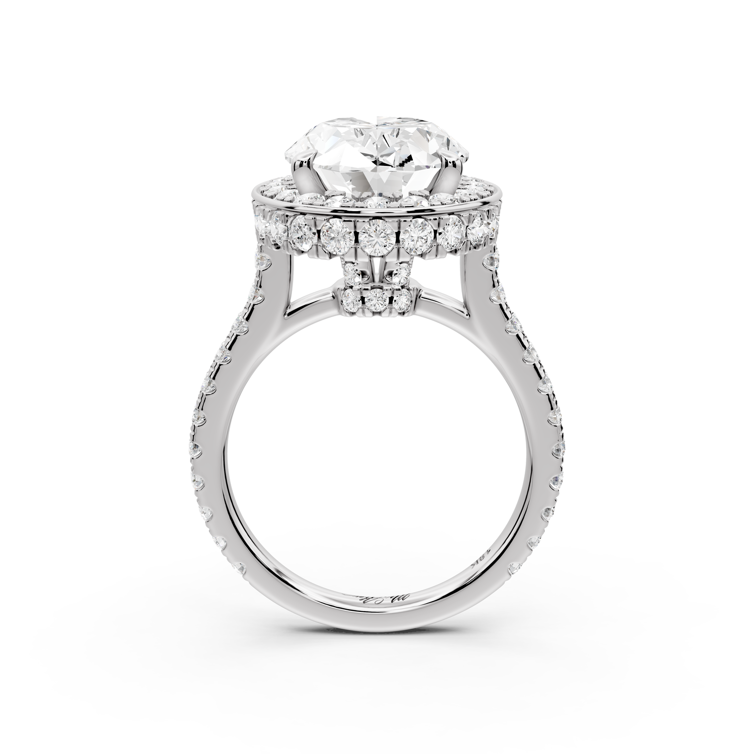 Beatrice - 5ct 14k white gold oval stone in rollover halo with diamond bridge and pavé engagement ring