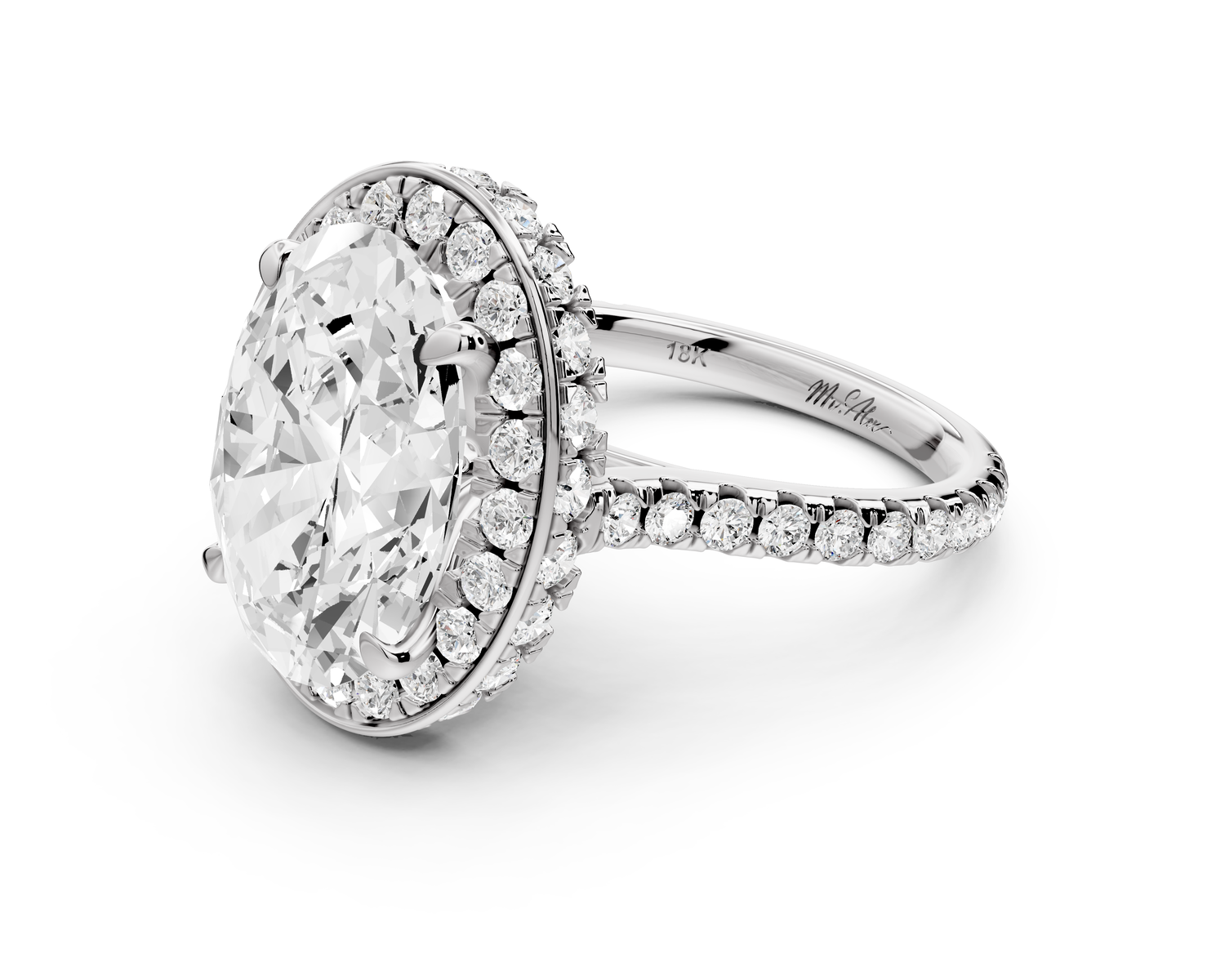 Beatrice - 5ct 14k white gold oval stone in rollover halo with diamond bridge and pavé engagement ring