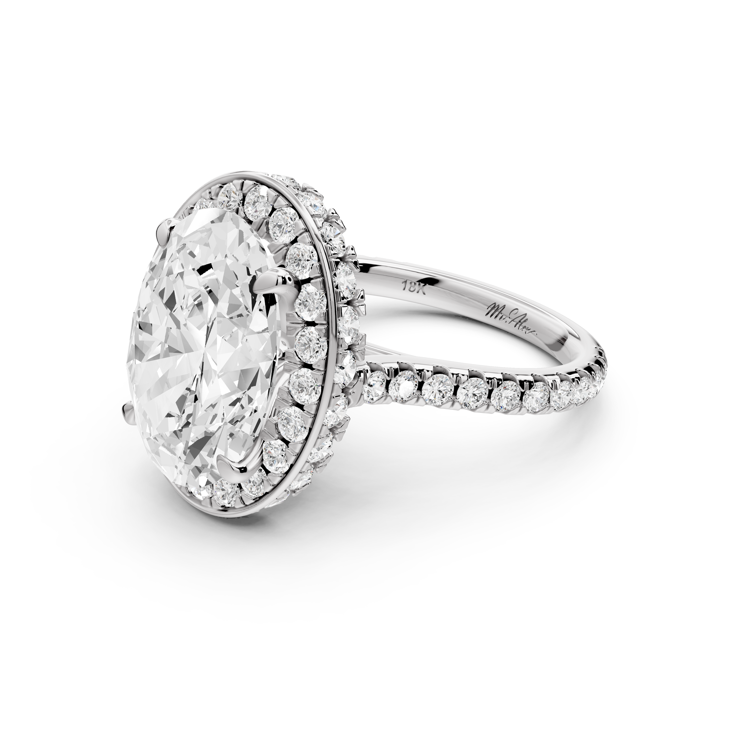 Beatrice - 5ct 14k white gold oval stone in rollover halo with diamond bridge and pavé engagement ring