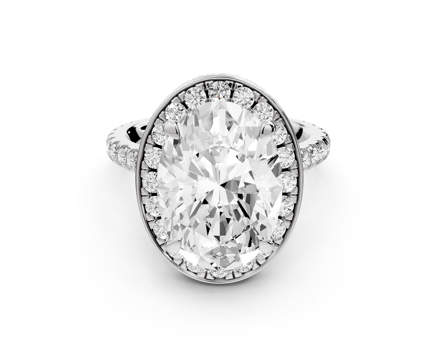 Beatrice - 5ct 14k white gold oval stone in rollover halo with diamond bridge and pavé engagement ring
