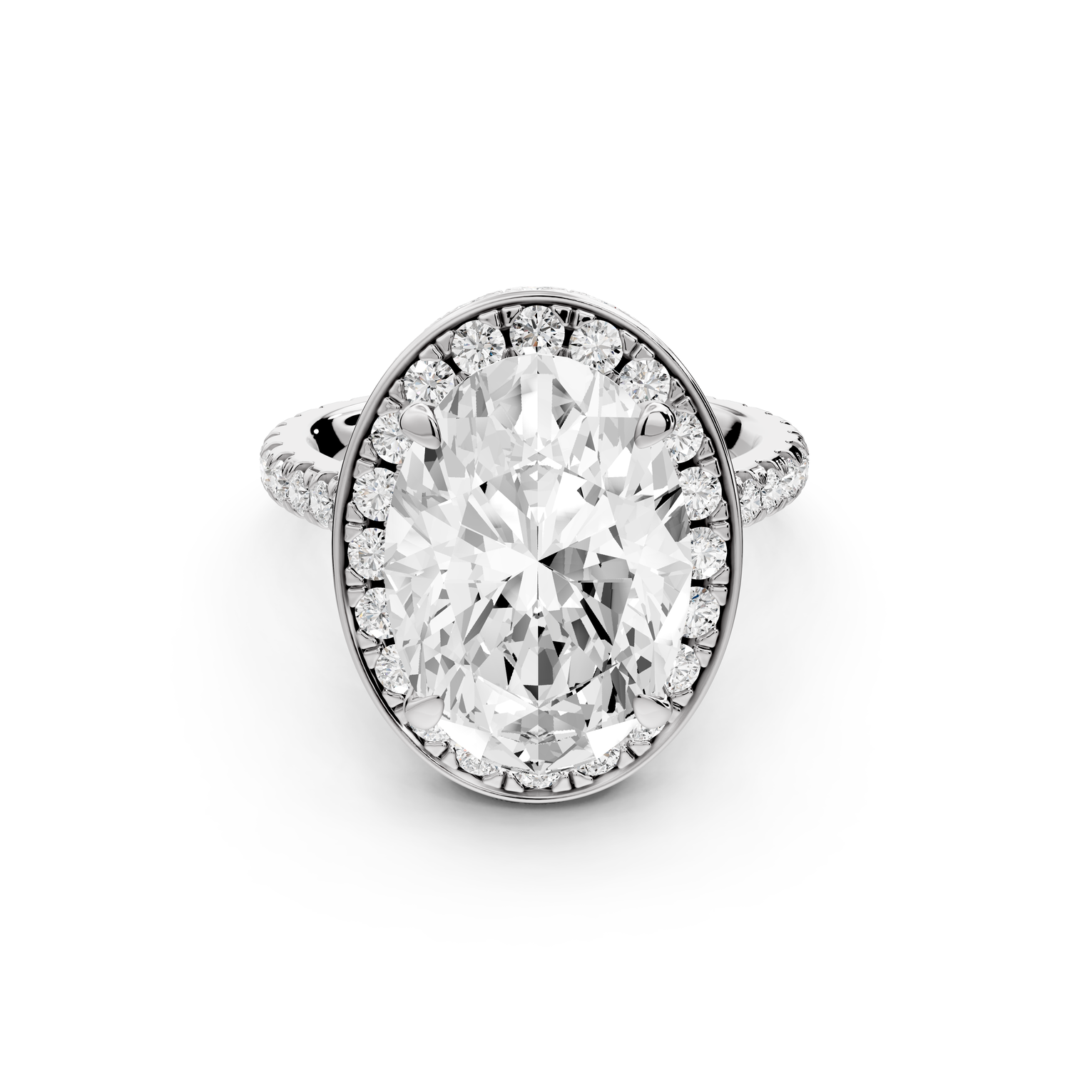 Beatrice - 5ct 14k white gold oval stone in rollover halo with diamond bridge and pavé engagement ring