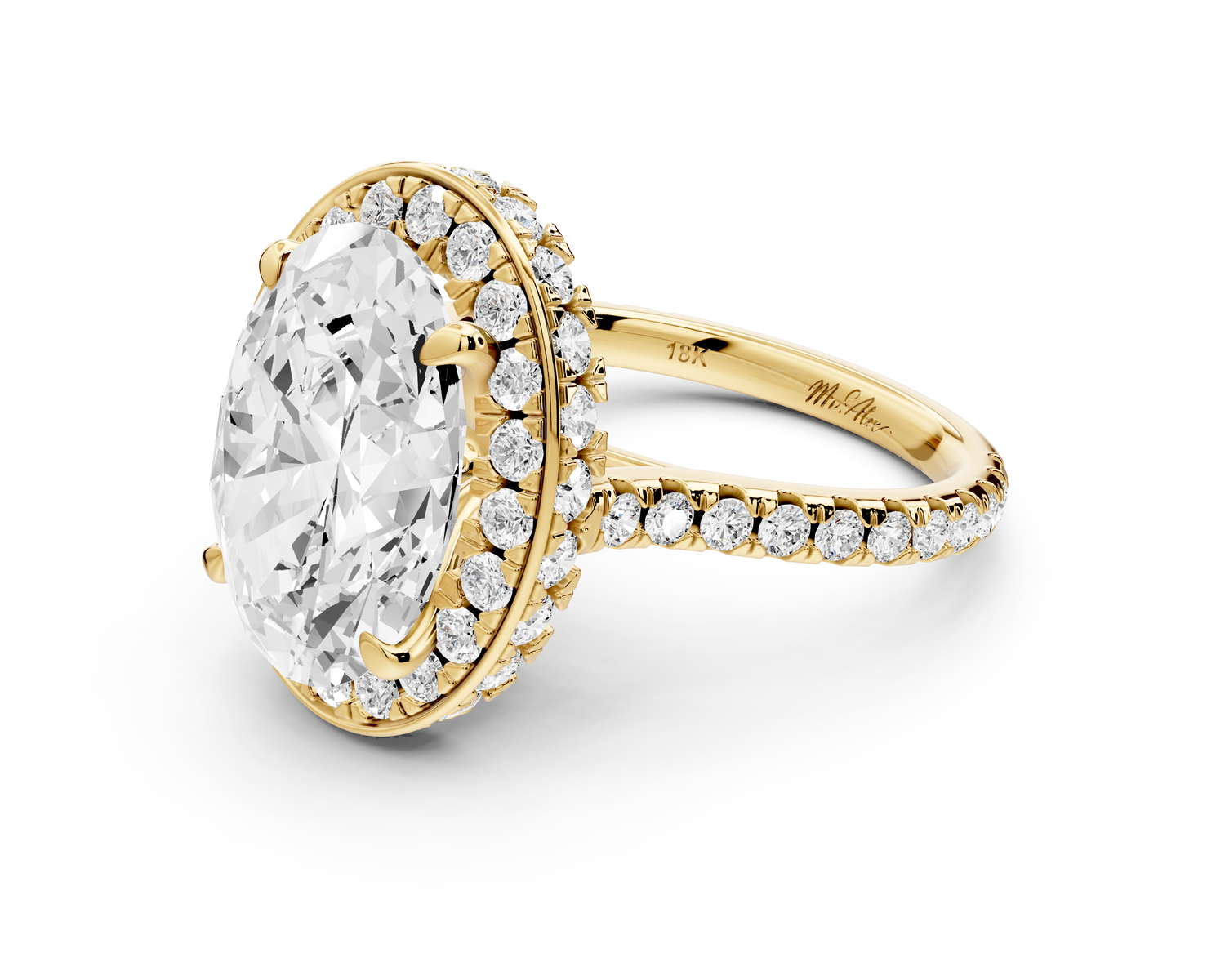Beatrice - 5ct 14k yellow gold oval stone in rollover halo with diamond bridge and pavé engagement ring