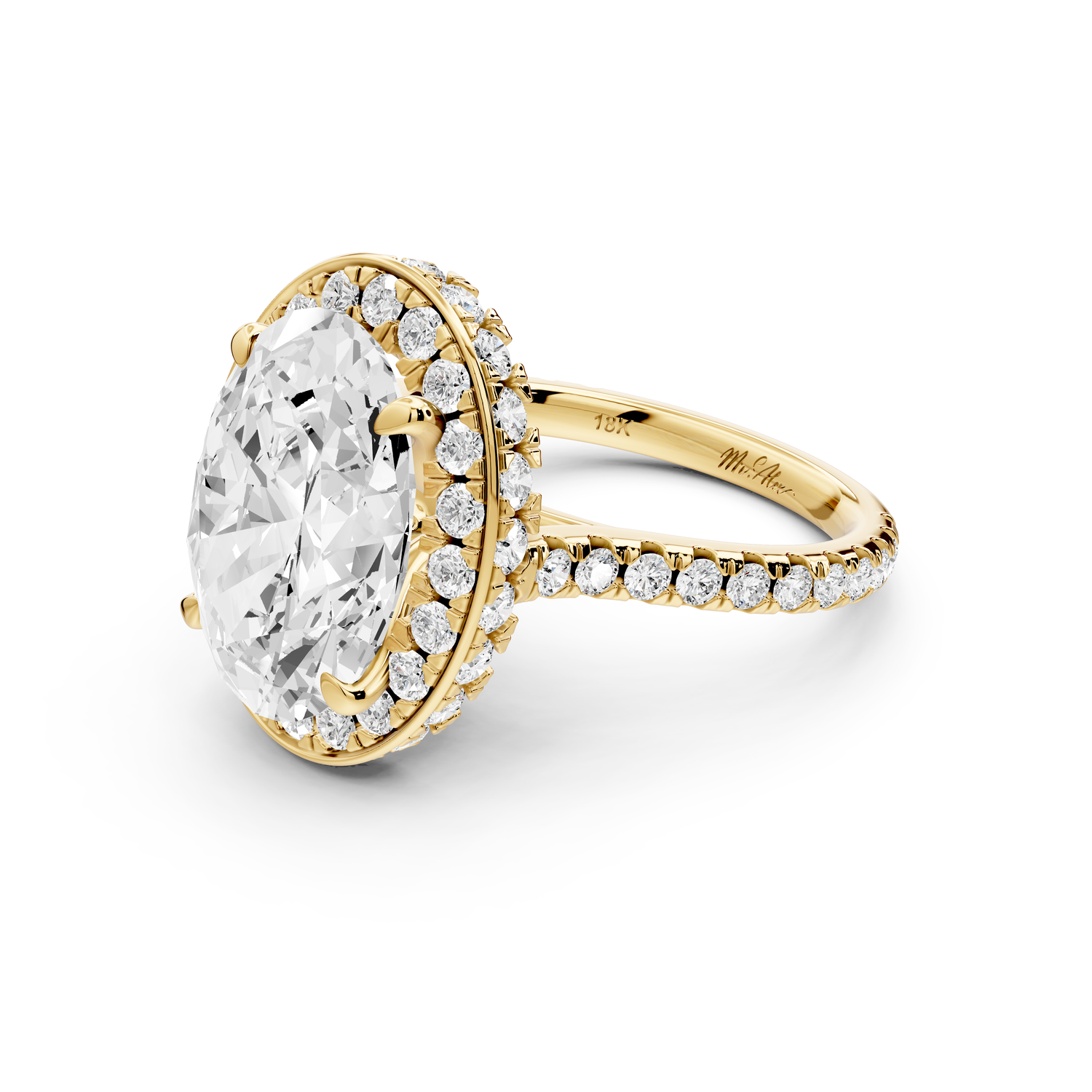 Beatrice - 5ct 14k yellow gold oval stone in rollover halo with diamond bridge and pavé engagement ring