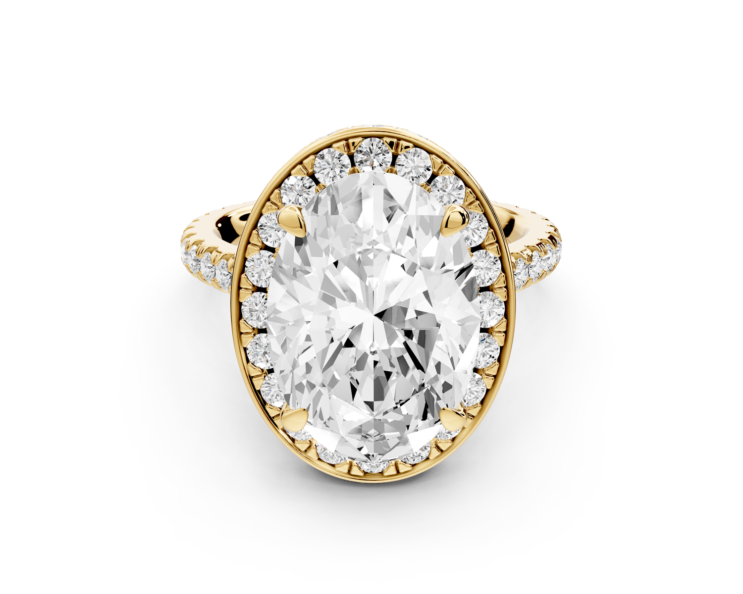 Beatrice - 5ct 14k yellow gold oval stone in rollover halo with diamond bridge and pavé engagement ring