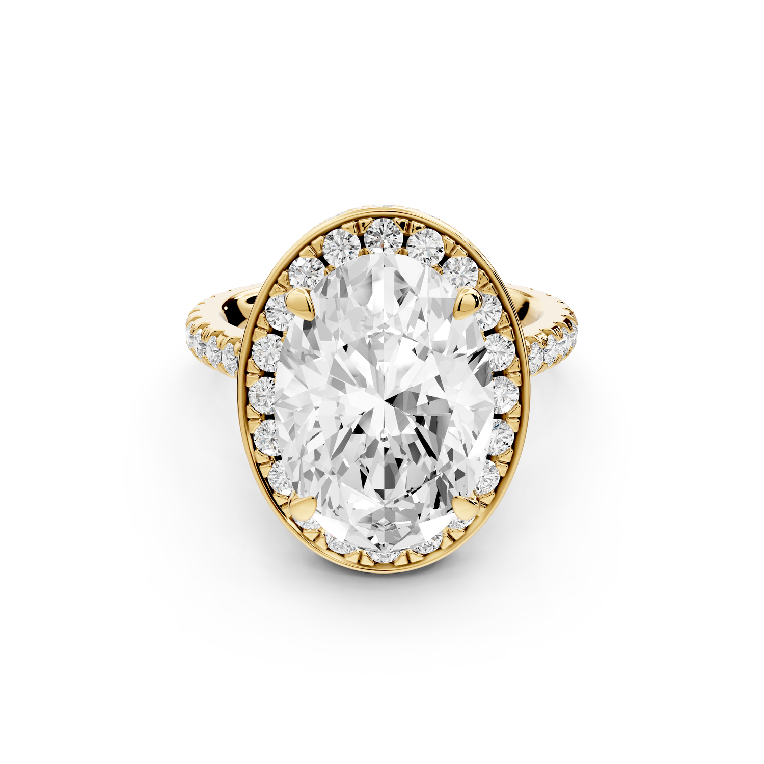 Beatrice - 5ct 14k yellow gold oval stone in rollover halo with diamond bridge and pavé engagement ring