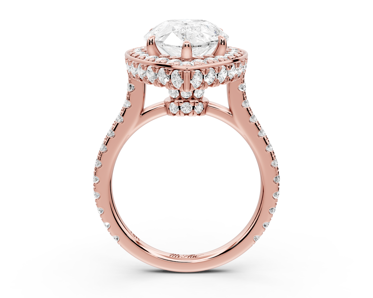 Beatrice - 5ct 14k rose gold pear stone in rollover halo with diamond bridge and pavé engagement ring