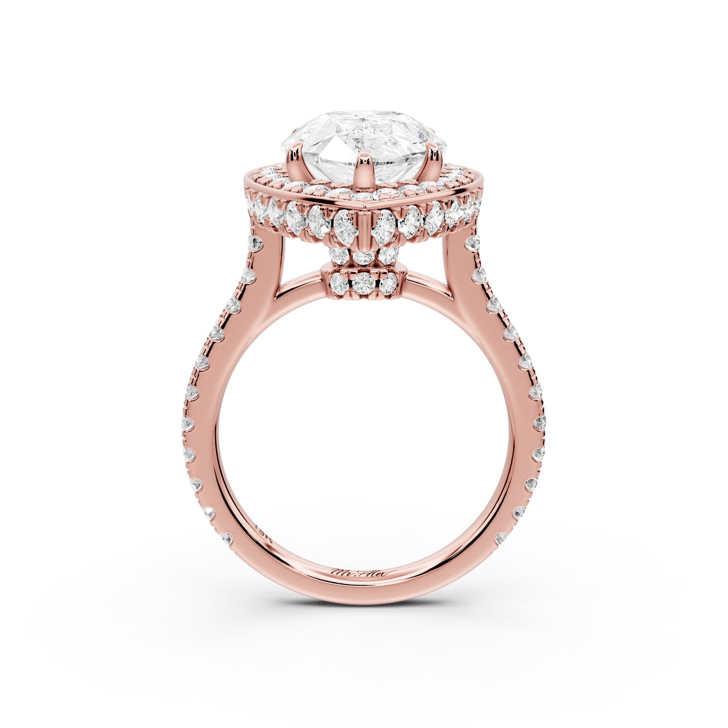 Beatrice - 5ct 14k rose gold pear stone in rollover halo with diamond bridge and pavé engagement ring