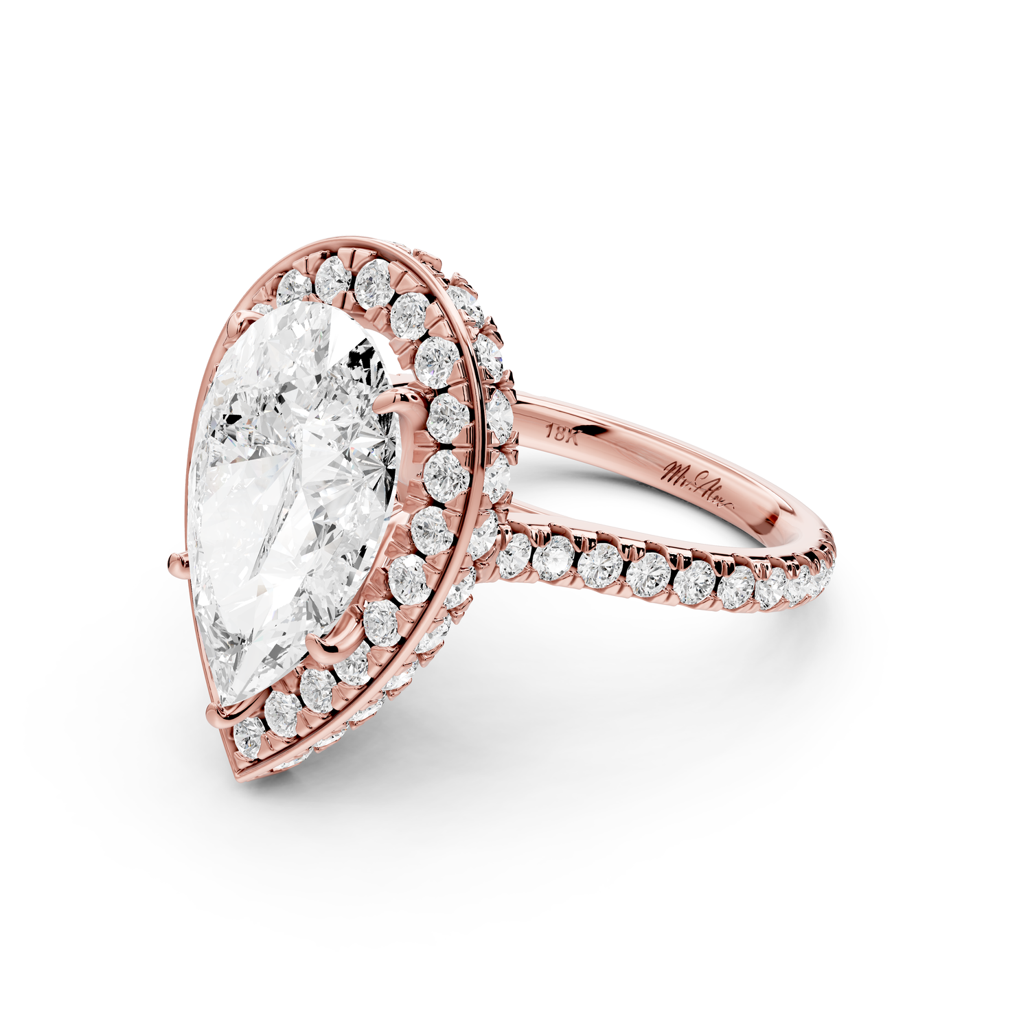 Beatrice - 5ct 14k rose gold pear stone in rollover halo with diamond bridge and pavé engagement ring