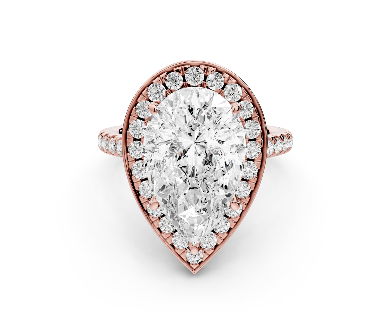 Beatrice - 5ct 14k rose gold pear stone in rollover halo with diamond bridge and pavé engagement ring