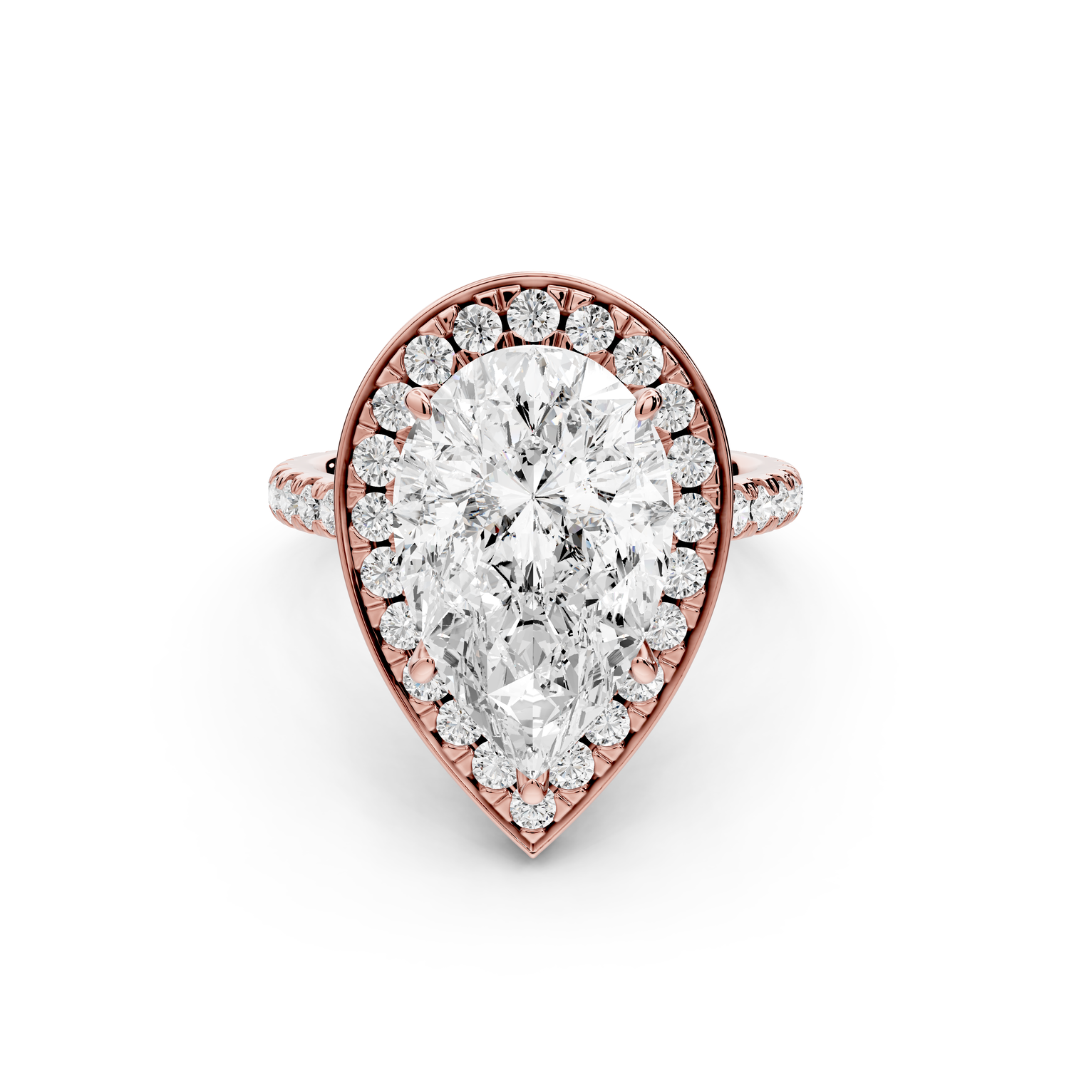 Beatrice - 5ct 14k rose gold pear stone in rollover halo with diamond bridge and pavé engagement ring
