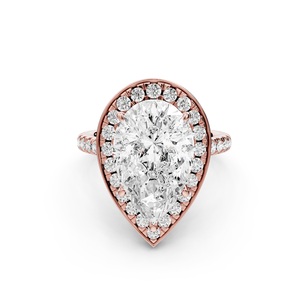 Beatrice - 5ct 14k rose gold pear stone in rollover halo with diamond bridge and pavé engagement ring