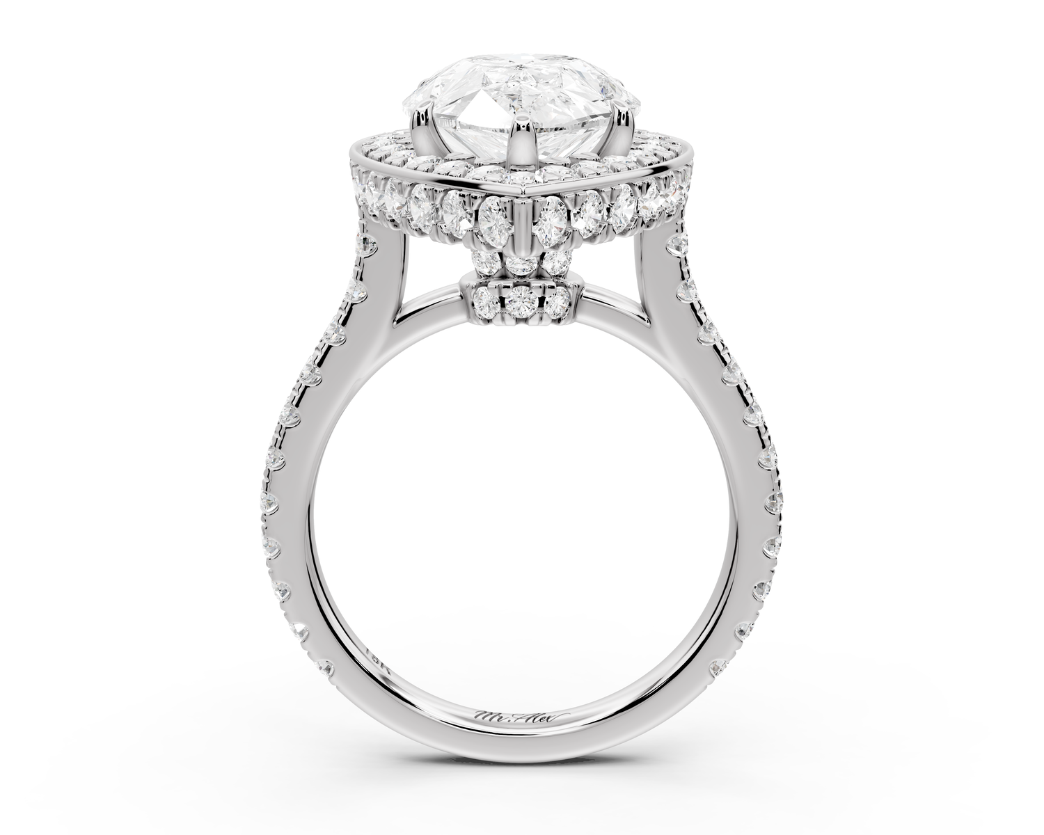 Beatrice - 5ct 14k white gold pear stone in rollover halo with diamond bridge and pavé engagement ring
