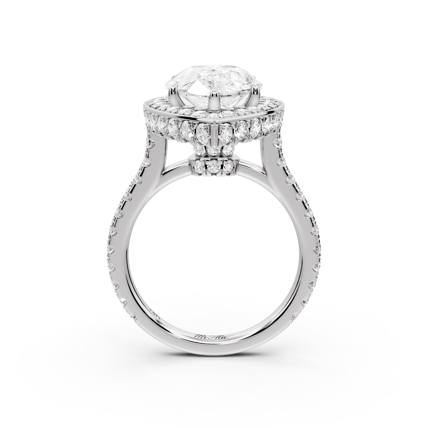 Beatrice - 5ct 14k white gold pear stone in rollover halo with diamond bridge and pavé engagement ring