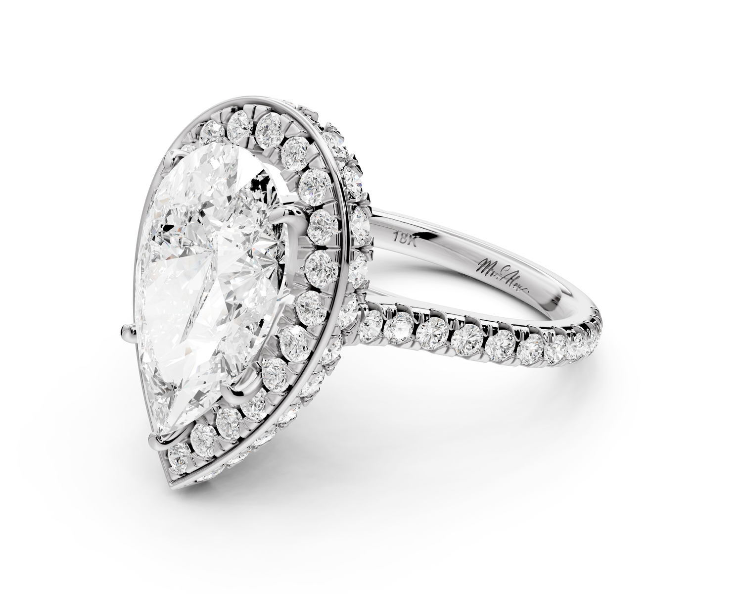 Beatrice - 5ct 14k white gold pear stone in rollover halo with diamond bridge and pavé engagement ring