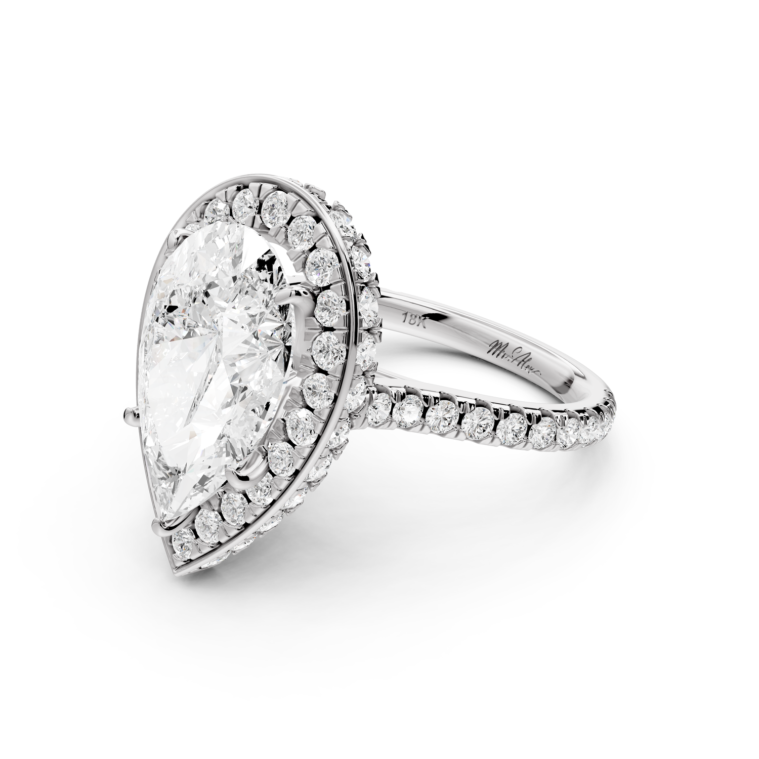 Beatrice - 5ct 14k white gold pear stone in rollover halo with diamond bridge and pavé engagement ring