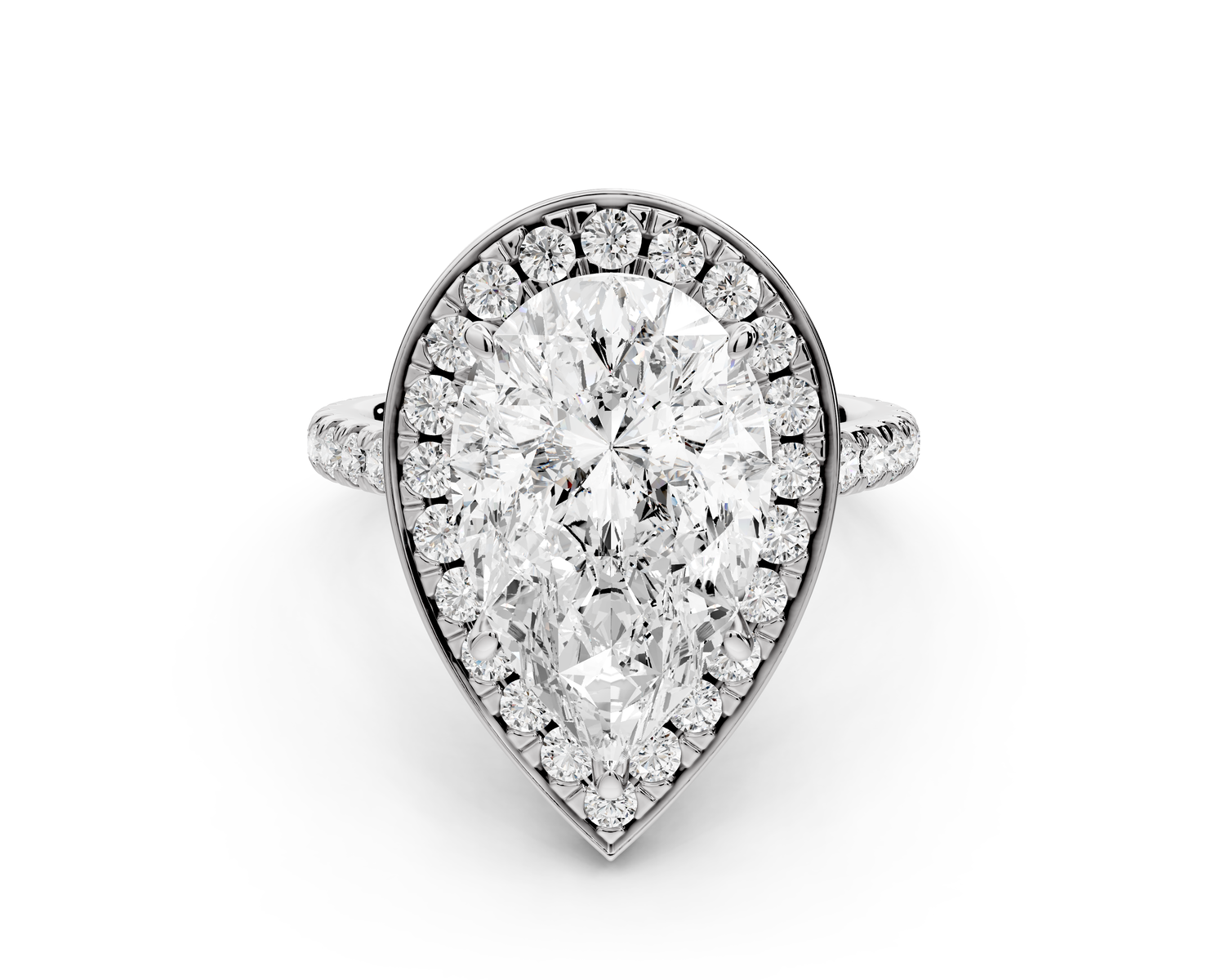 Beatrice - 5ct 14k white gold pear stone in rollover halo with diamond bridge and pavé engagement ring