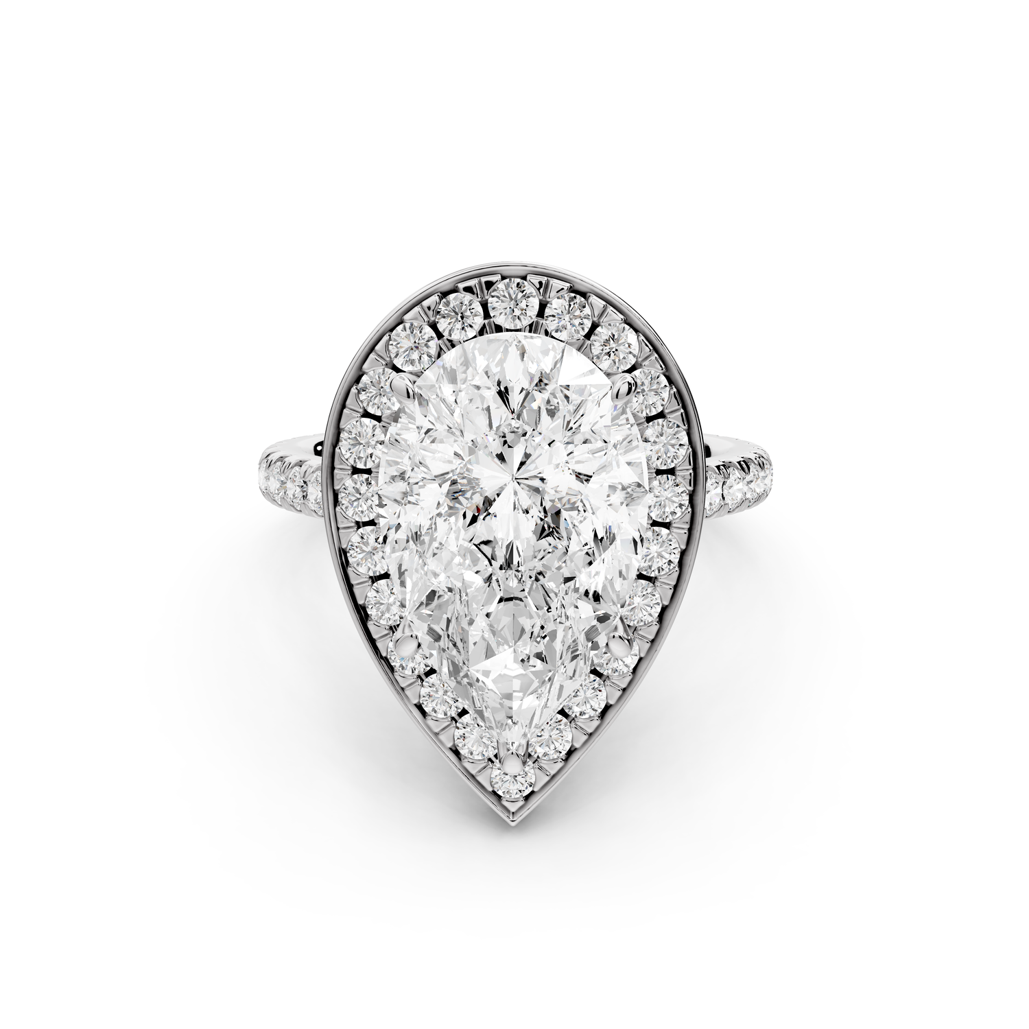 Beatrice - 5ct 14k white gold pear stone in rollover halo with diamond bridge and pavé engagement ring