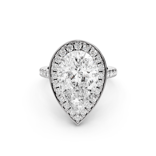 Beatrice - 5ct 14k white gold pear stone in rollover halo with diamond bridge and pavé engagement ring