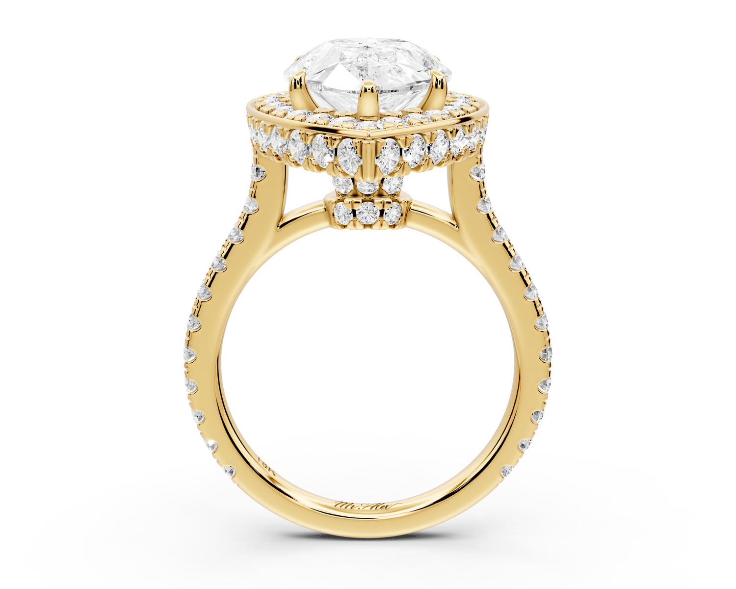 Beatrice - 5ct 14k yellow gold pear stone in rollover halo with diamond bridge and pavé engagement ring