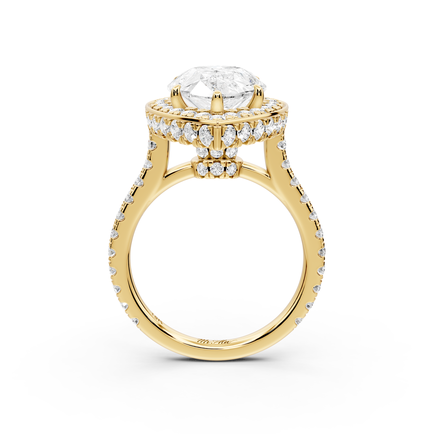 Beatrice - 5ct 14k yellow gold pear stone in rollover halo with diamond bridge and pavé engagement ring