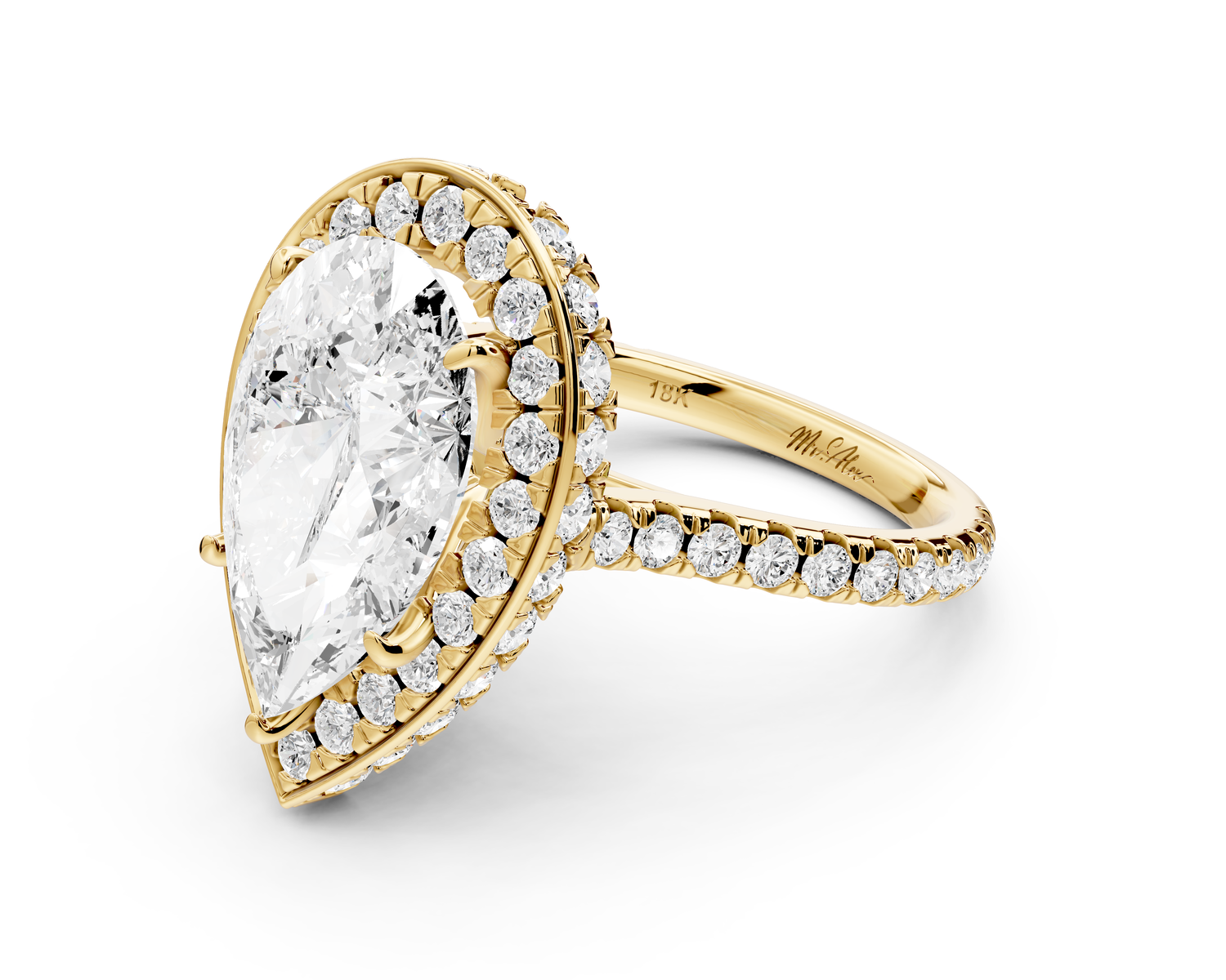Beatrice - 5ct 14k yellow gold pear stone in rollover halo with diamond bridge and pavé engagement ring