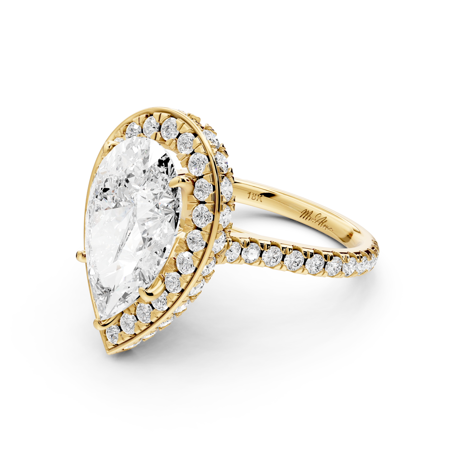 Beatrice - 5ct 14k yellow gold pear stone in rollover halo with diamond bridge and pavé engagement ring
