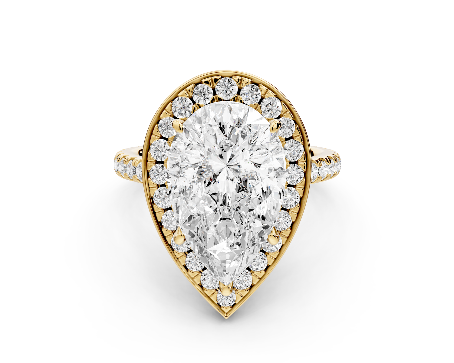 Beatrice - 5ct 14k yellow gold pear stone in rollover halo with diamond bridge and pavé engagement ring
