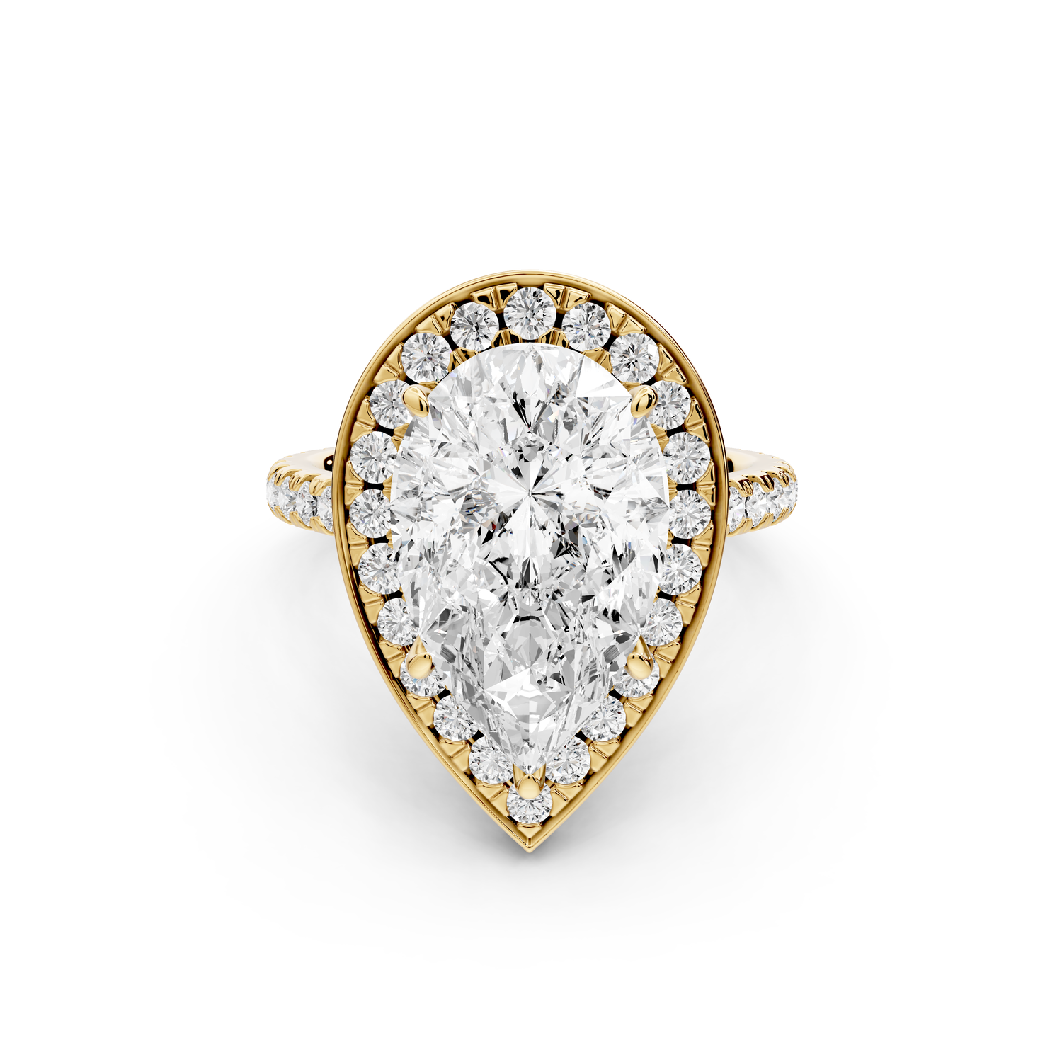 Beatrice - 5ct 14k yellow gold pear stone in rollover halo with diamond bridge and pavé engagement ring