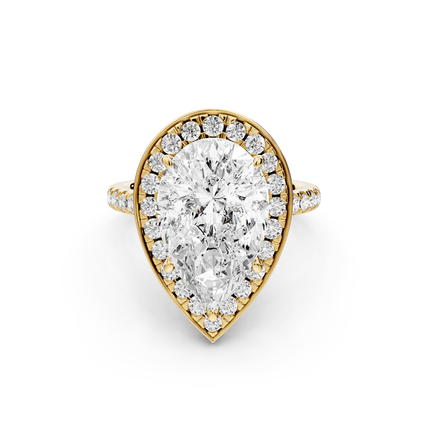 Beatrice - 5ct 14k yellow gold pear stone in rollover halo with diamond bridge and pavé engagement ring