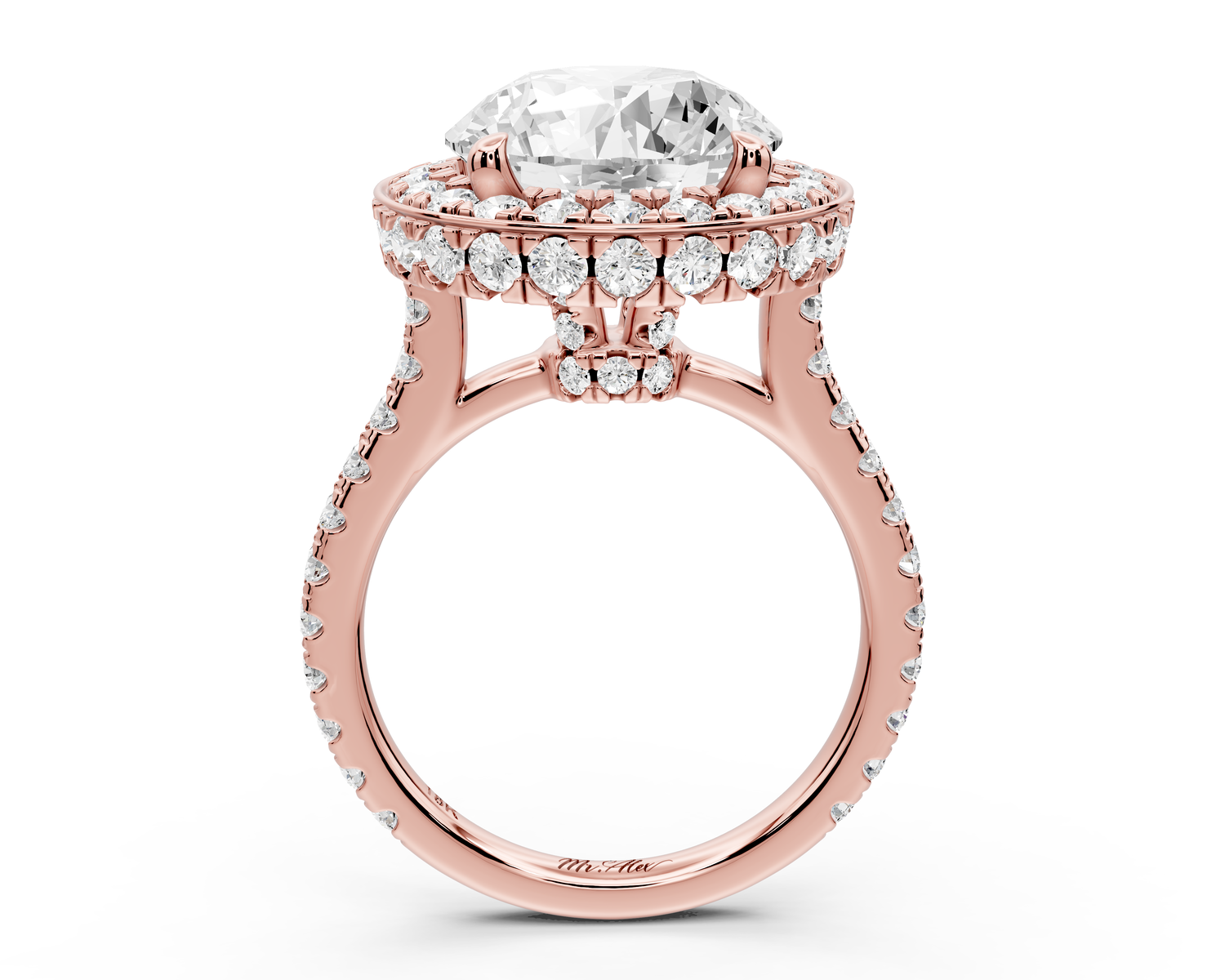 Beatrice - 5ct 14k rose gold round stone in rollover halo with diamond bridge and Pavé engagement ring
