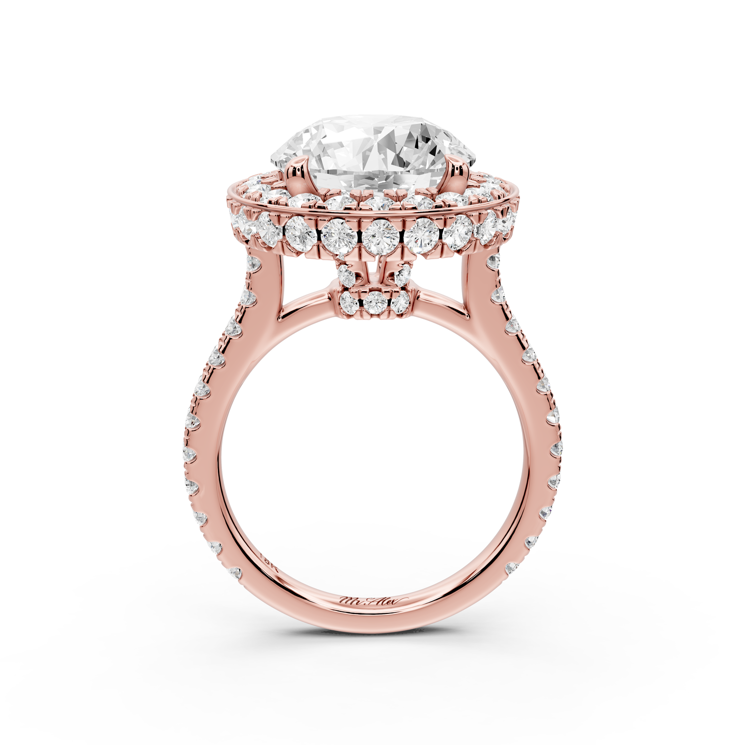 Beatrice - 5ct 14k rose gold round stone in rollover halo with diamond bridge and Pavé engagement ring