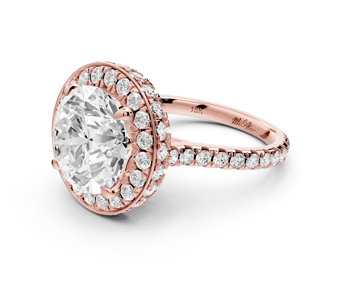 Beatrice - 5ct 14k rose gold round stone in rollover halo with diamond bridge and Pavé engagement ring