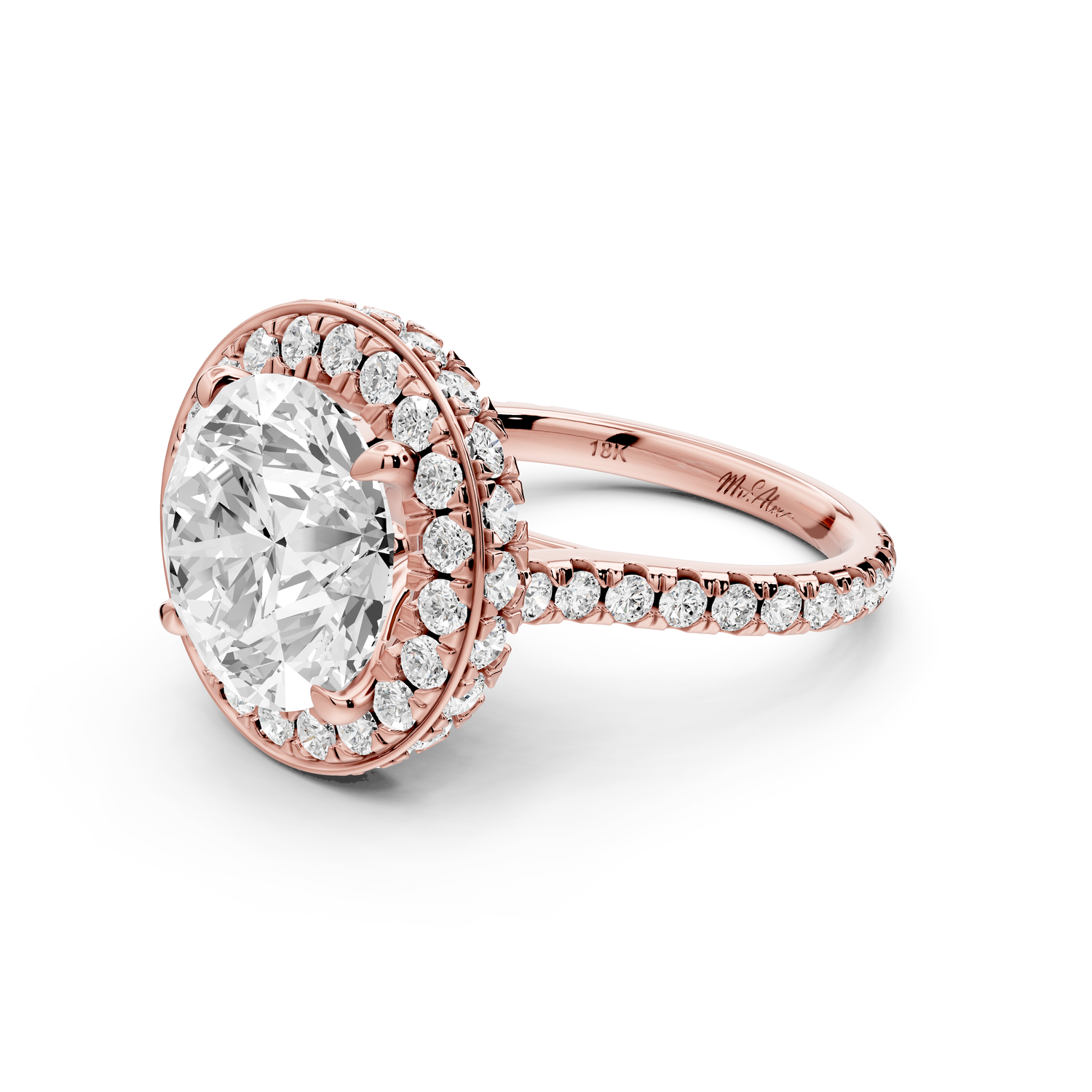 Beatrice - 5ct 14k rose gold round stone in rollover halo with diamond bridge and Pavé engagement ring