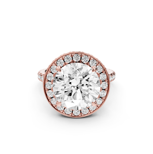 Beatrice - 5ct 14k rose gold round stone in rollover halo with diamond bridge and Pavé engagement ring