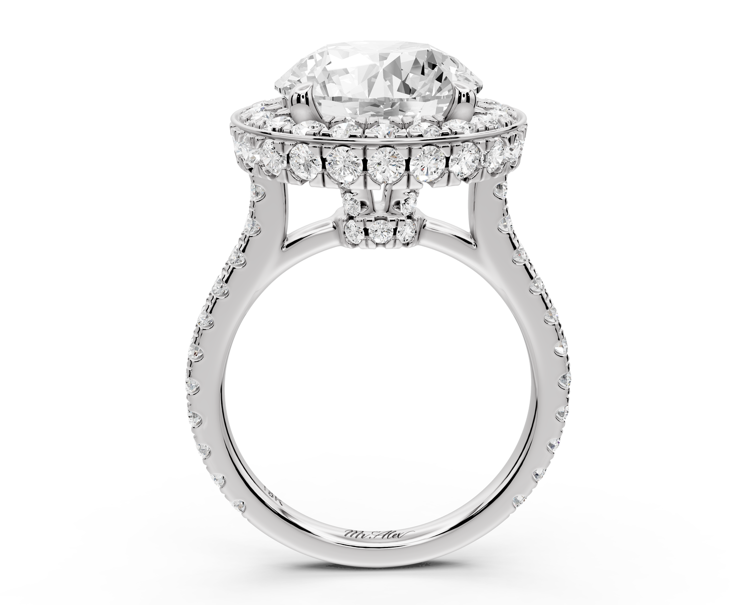 Beatrice - 5ct 14k white gold round stone in rollover halo with diamond bridge and Pavé engagement ring